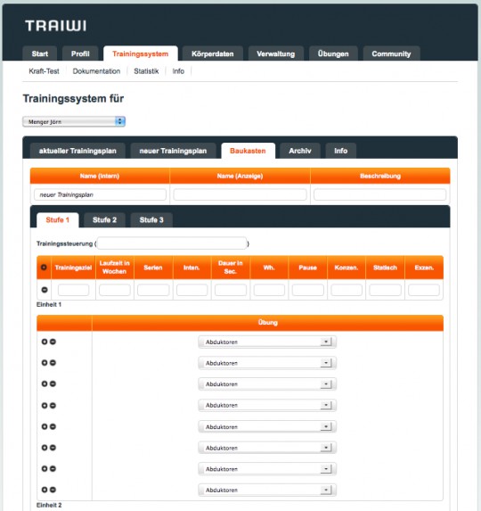 Bildschirmfoto: Trainingsplanbaukasten