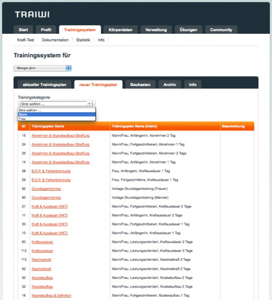 Bildschirmfoto: Trainingsplanauswahl