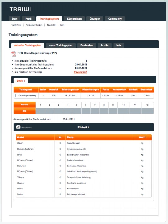 Bildschirmfoto: Trainingsplan